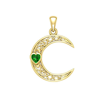 Celtic Crescent Moon with Heart Stone 14K Yellow Gold Pendant GPD5886 - Jewelry